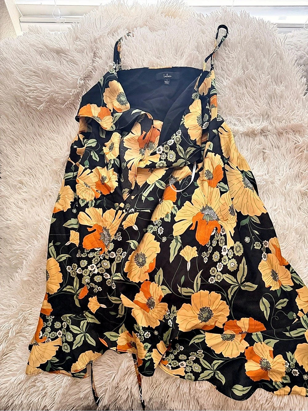 Lulus Artistic Moment Floral Wrap Maxi Dress in Black & Orange Like New